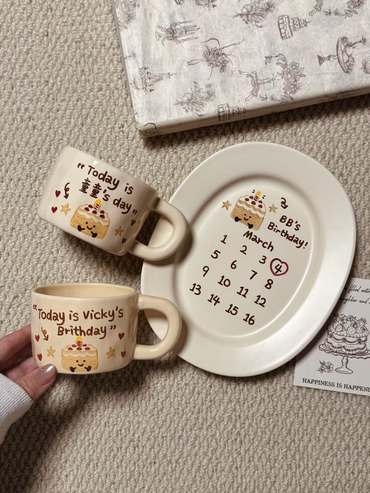 Souvenir Style, Ceramic Plate and Coffee Mugs with Hand-painted and Customized, Perfect Birthday Gifts.