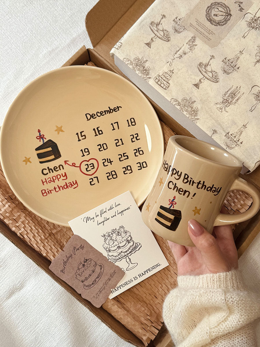 Vintage Hand-Painted Cream Ceramic Plate & Mug Set - Personalized Birthday Gift with Historic News or Movie Quotes