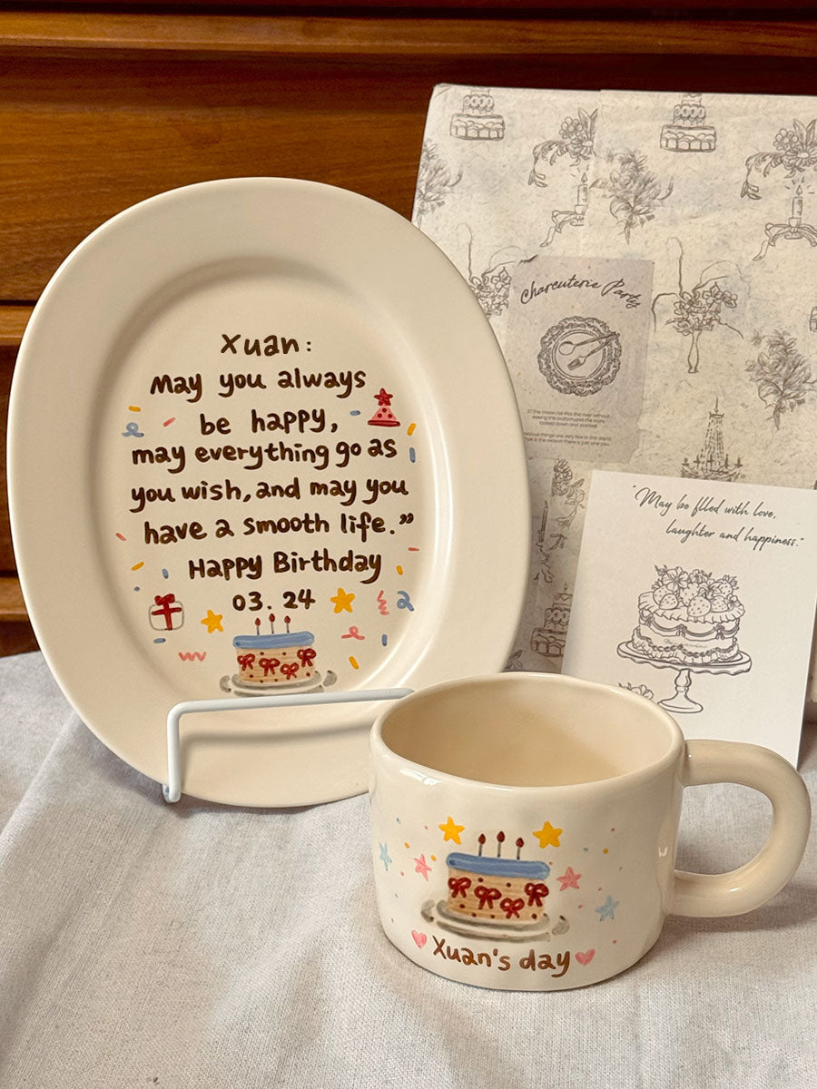Custom Hand-Painted Ceramic Plate & Coffee Mug Set - Personalized Birthday Keepsake Gift