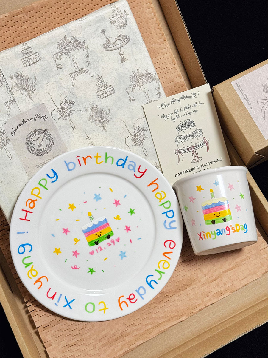Custom Hand-Painted Ceramic Plate & Coffee Mug Set - Personalized Colorful Birthday Gift
