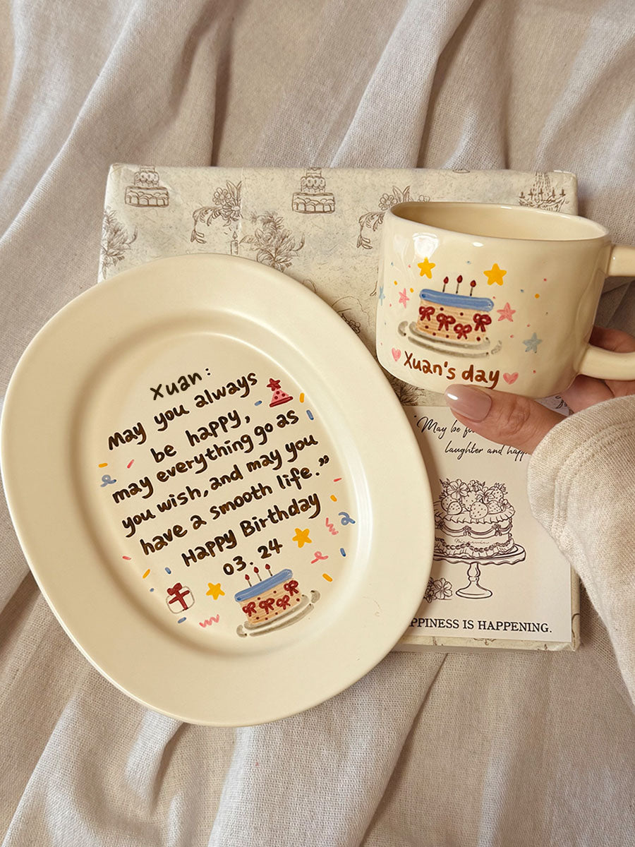 Souvenir Style, Ceramic Plate and Coffee Mugs with Hand-painted and Customized, Perfect Birthday Gifts.