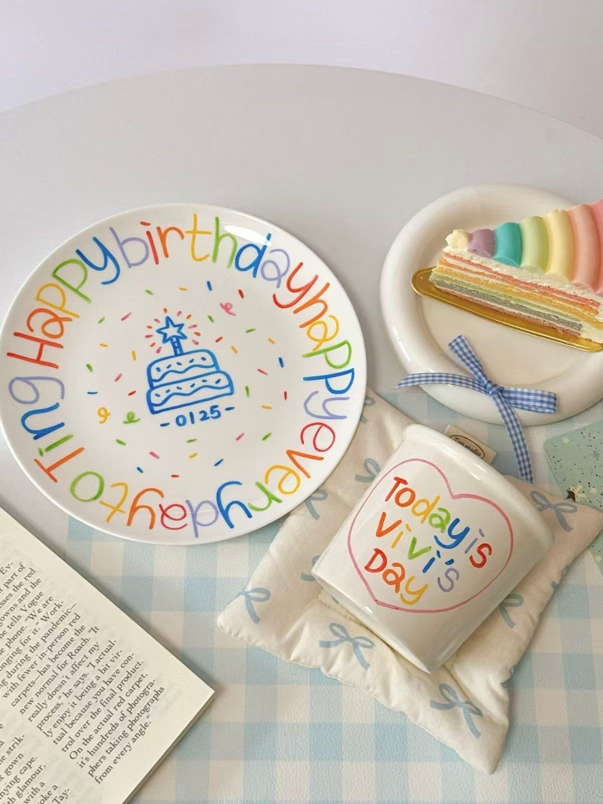 Colorful Style, Ceramic Plate and Coffee Mugs with Hand-painted and Customized, Perfect Birthday Gifts